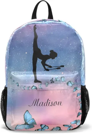 Starry Butterflies Gymnastics Personalized Backpack Custom Text Unisex Bookbag for Boy Girl Travel Daypack Bag Purse 17.7 IN