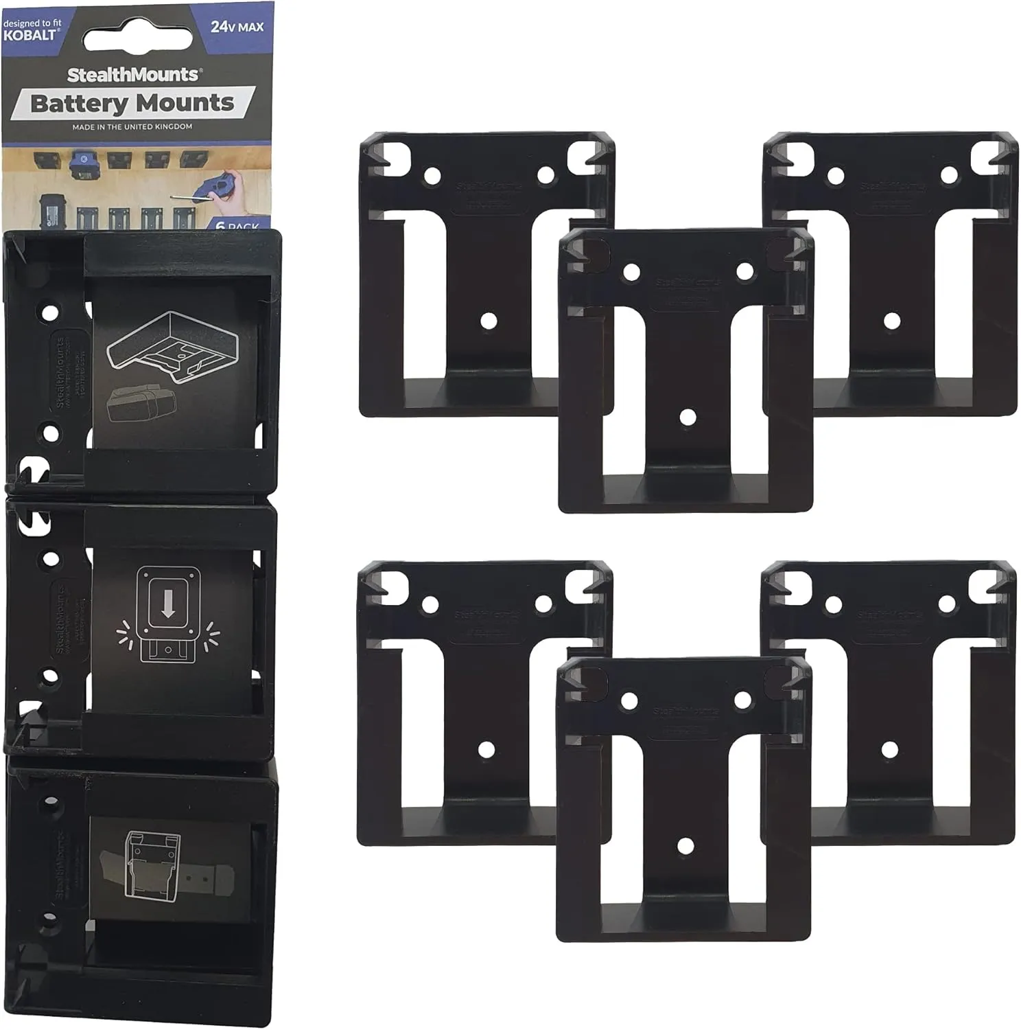 StealthMounts Battery Holder Compatible with Kobalt 24V (6 Pack) - Black | StealthMounts Battery Mounts | Made in the UK