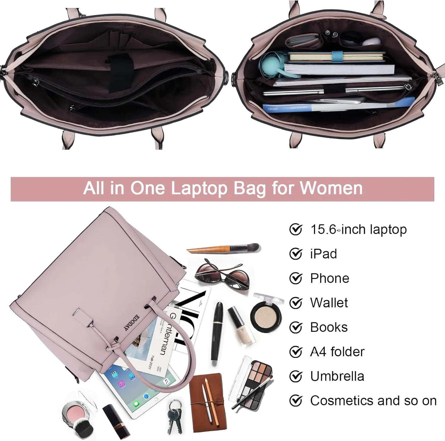 Stylish 15.6 Inch Laptop Tote Bag for Women - Travel Computer Handbag with Long Shoulder Strap