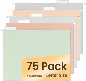 SUNEE Hanging File Folders, Pastel Colors - 75 Pack, Colored File Folders Letter Size with 1/5-Cut Tabs, Ideal for Organizing Home and Office Documents