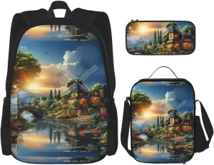 Sunset Windmill Print Unisex Stylish Travel Backpack Set With Insulated Lunch Bag,Adjustable Straps