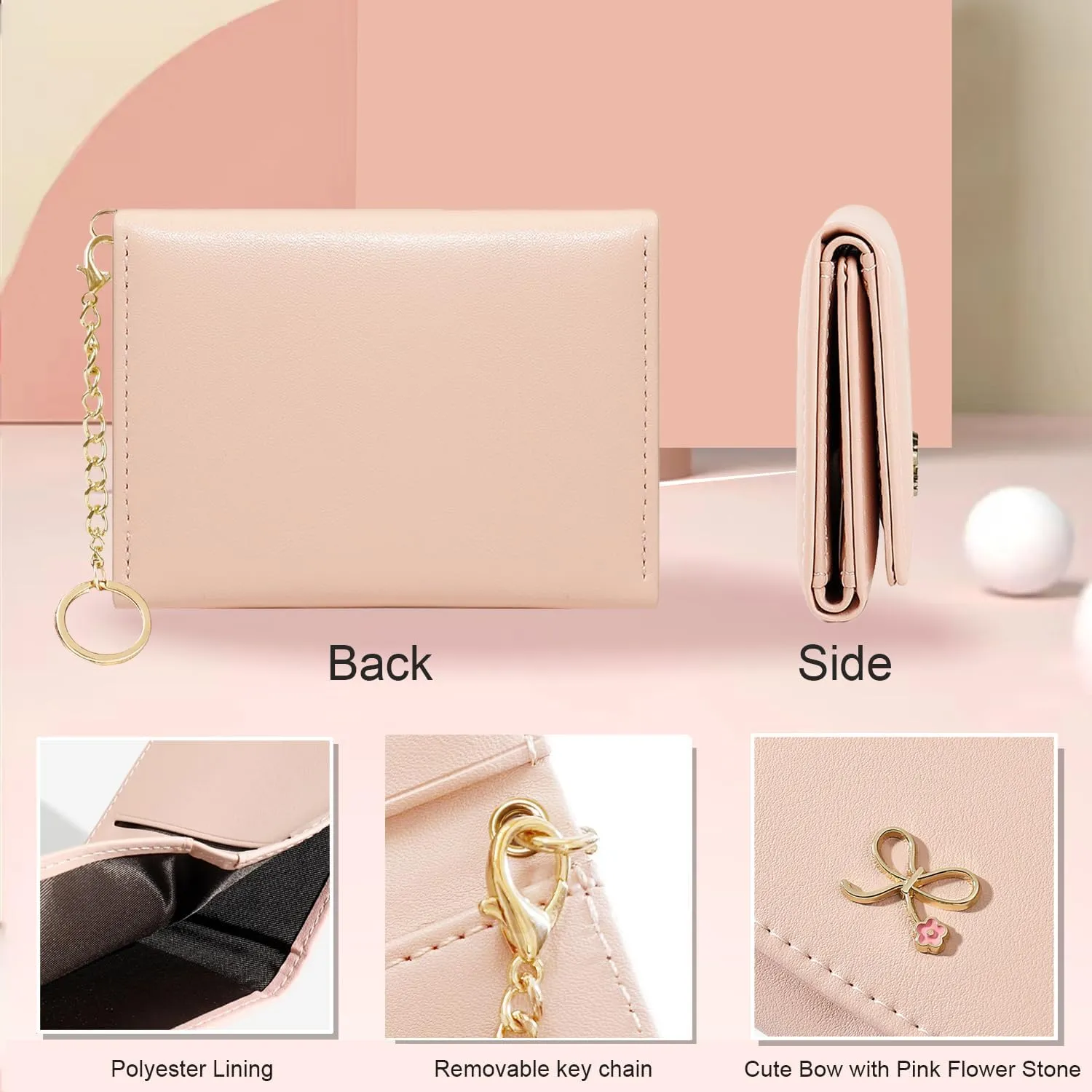 Sunwel Fashion Cute Coquette Bow Wallet with Key-chain Aesthetic Card Holder ID Window for Women Girls (271PINK)