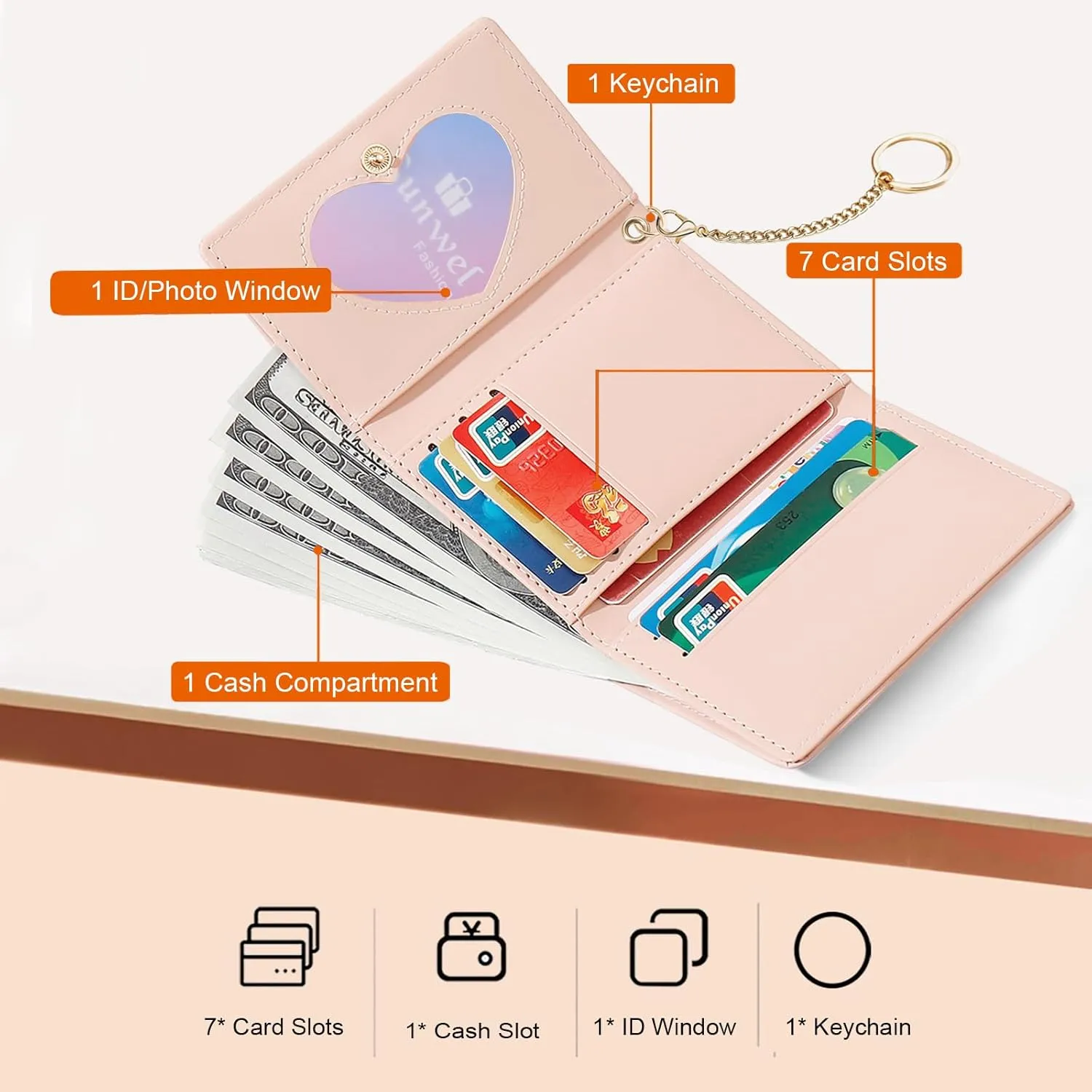 Sunwel Fashion Cute Coquette Bow Wallet with Key-chain Aesthetic Card Holder ID Window for Women Girls (271PINK)