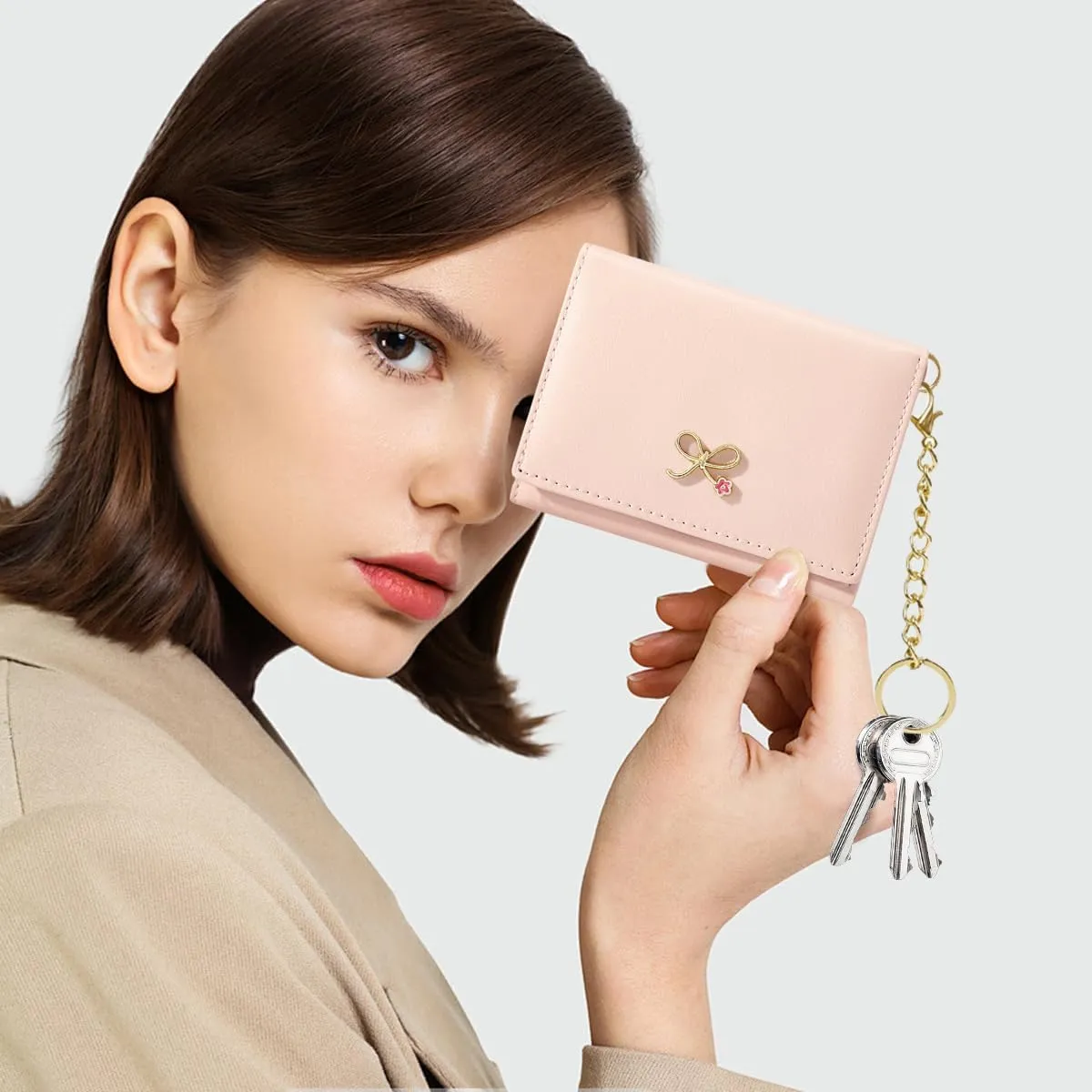 Sunwel Fashion Cute Coquette Bow Wallet with Key-chain Aesthetic Card Holder ID Window for Women Girls (271PINK)