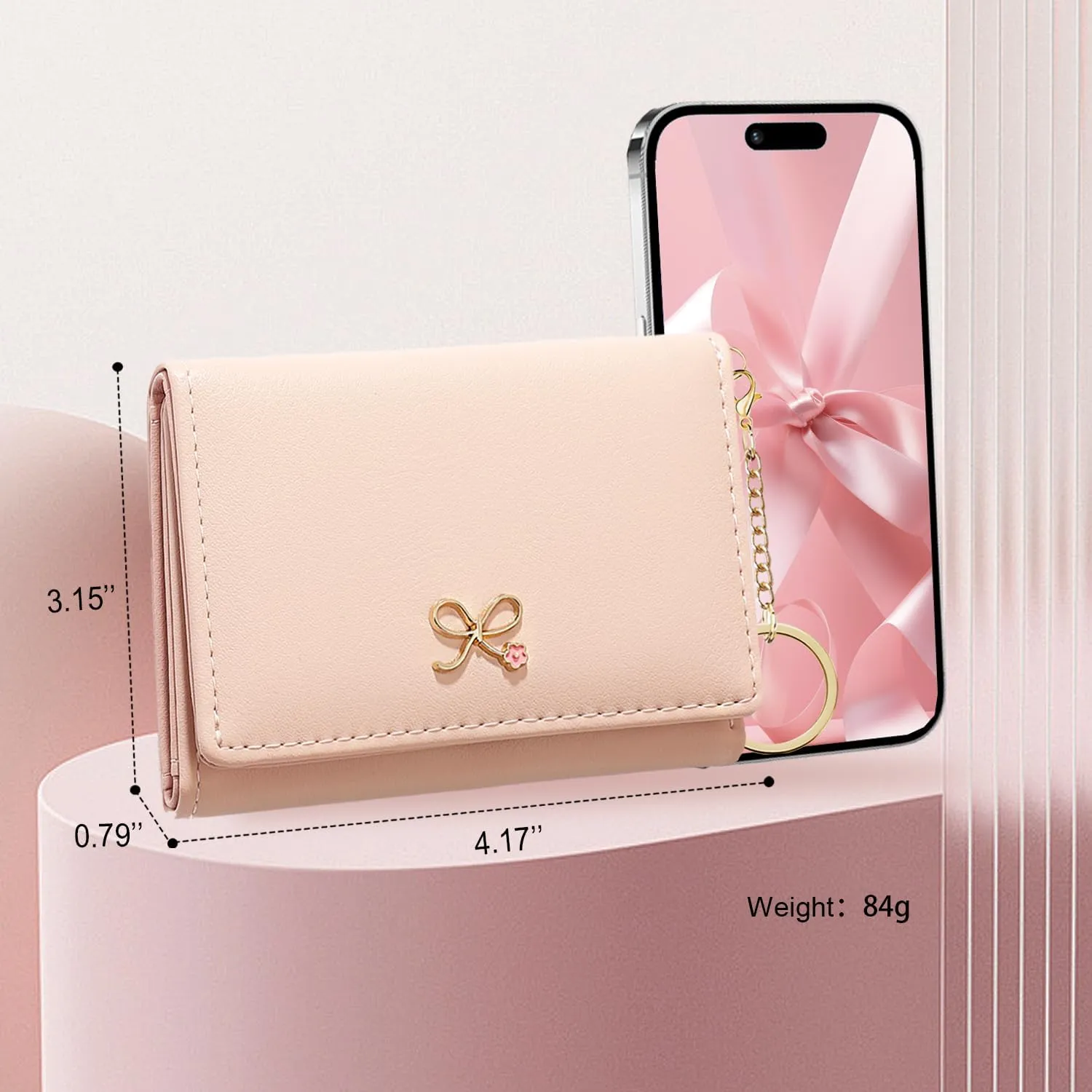 Sunwel Fashion Cute Coquette Bow Wallet with Key-chain Aesthetic Card Holder ID Window for Women Girls (271PINK)