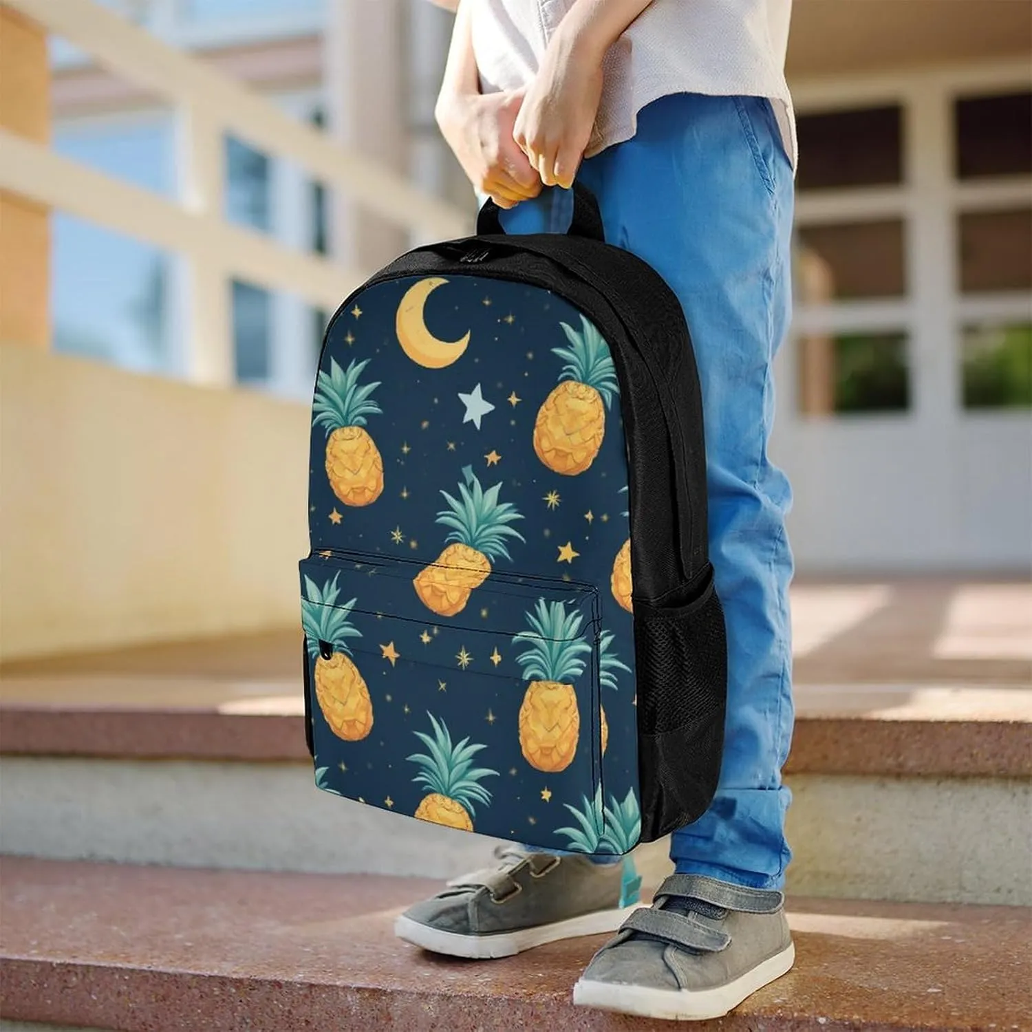 Supdreamc Adults Lightweight Starry Star Pineapple Moon Sky Blue Art Rucksacks Large Capacity Bookbag With Adjustable Shoulder Straps for Trekking Outdoors Bicycle