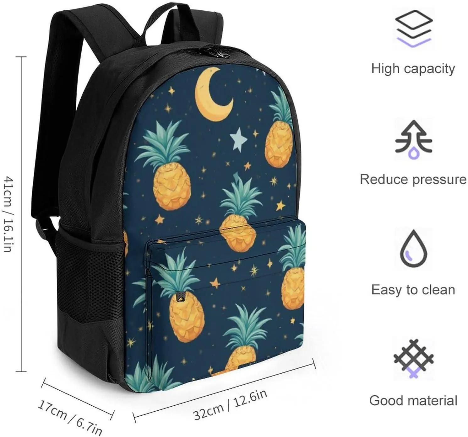 Supdreamc Adults Lightweight Starry Star Pineapple Moon Sky Blue Art Rucksacks Large Capacity Bookbag With Adjustable Shoulder Straps for Trekking Outdoors Bicycle