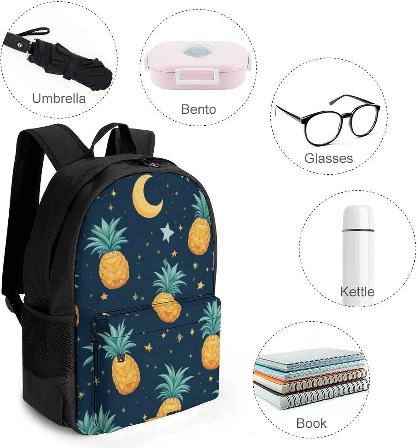Supdreamc Adults Lightweight Starry Star Pineapple Moon Sky Blue Art Rucksacks Large Capacity Bookbag With Adjustable Shoulder Straps for Trekking Outdoors Bicycle
