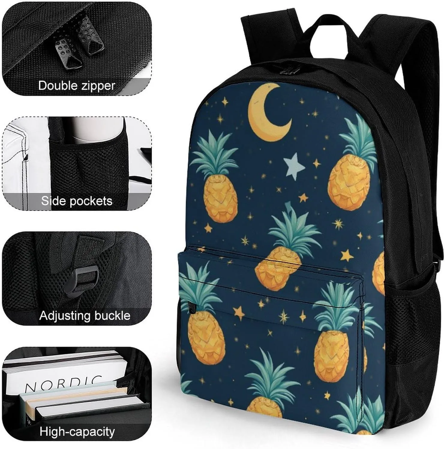 Supdreamc Adults Lightweight Starry Star Pineapple Moon Sky Blue Art Rucksacks Large Capacity Bookbag With Adjustable Shoulder Straps for Trekking Outdoors Bicycle