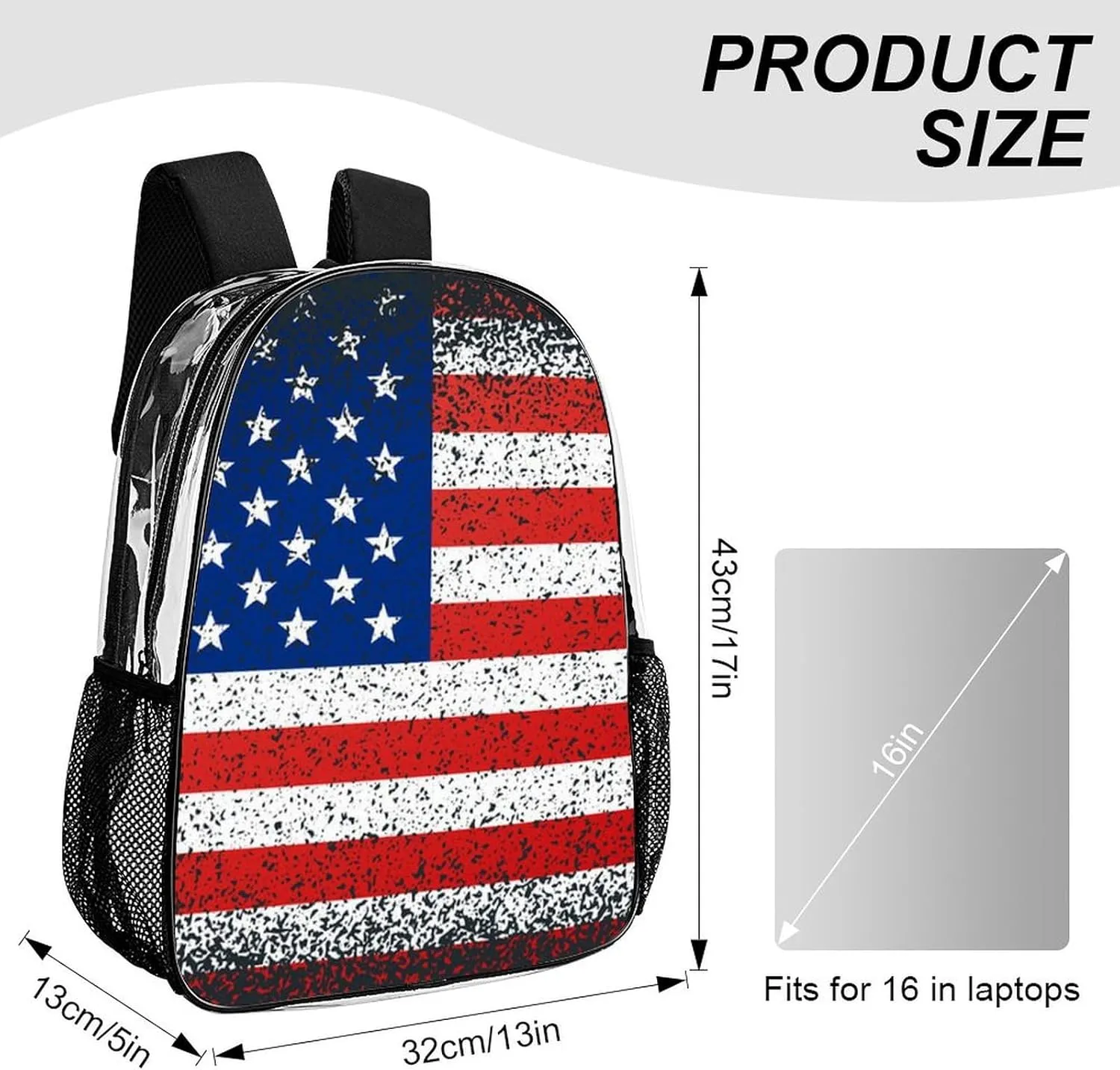 Supdreamc Adults Lightweight Vintage Retro American Flag Rucksacks Large Capacity Bookbag Transparent Bag for Trekking Outdoors Bicycle