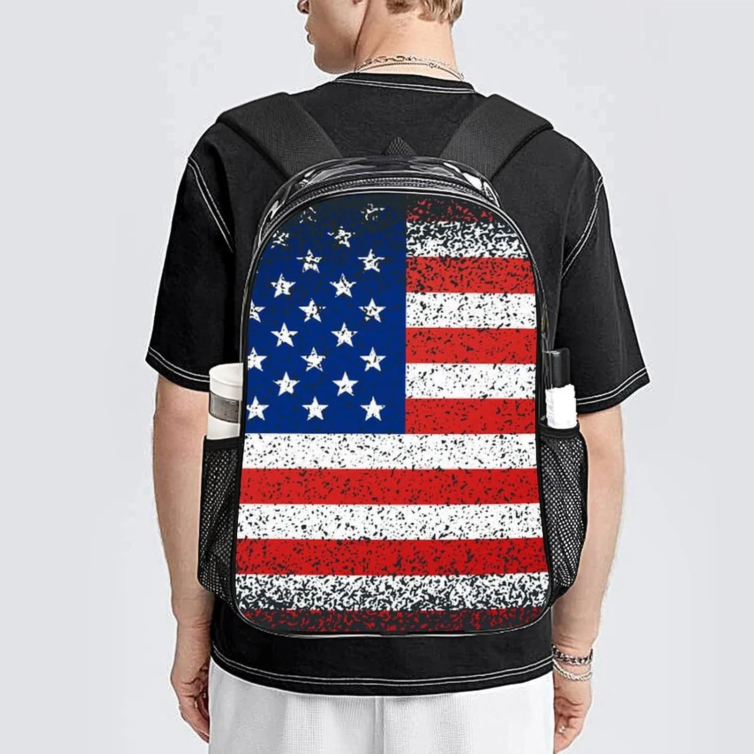 Supdreamc Adults Lightweight Vintage Retro American Flag Rucksacks Large Capacity Bookbag Transparent Bag for Trekking Outdoors Bicycle