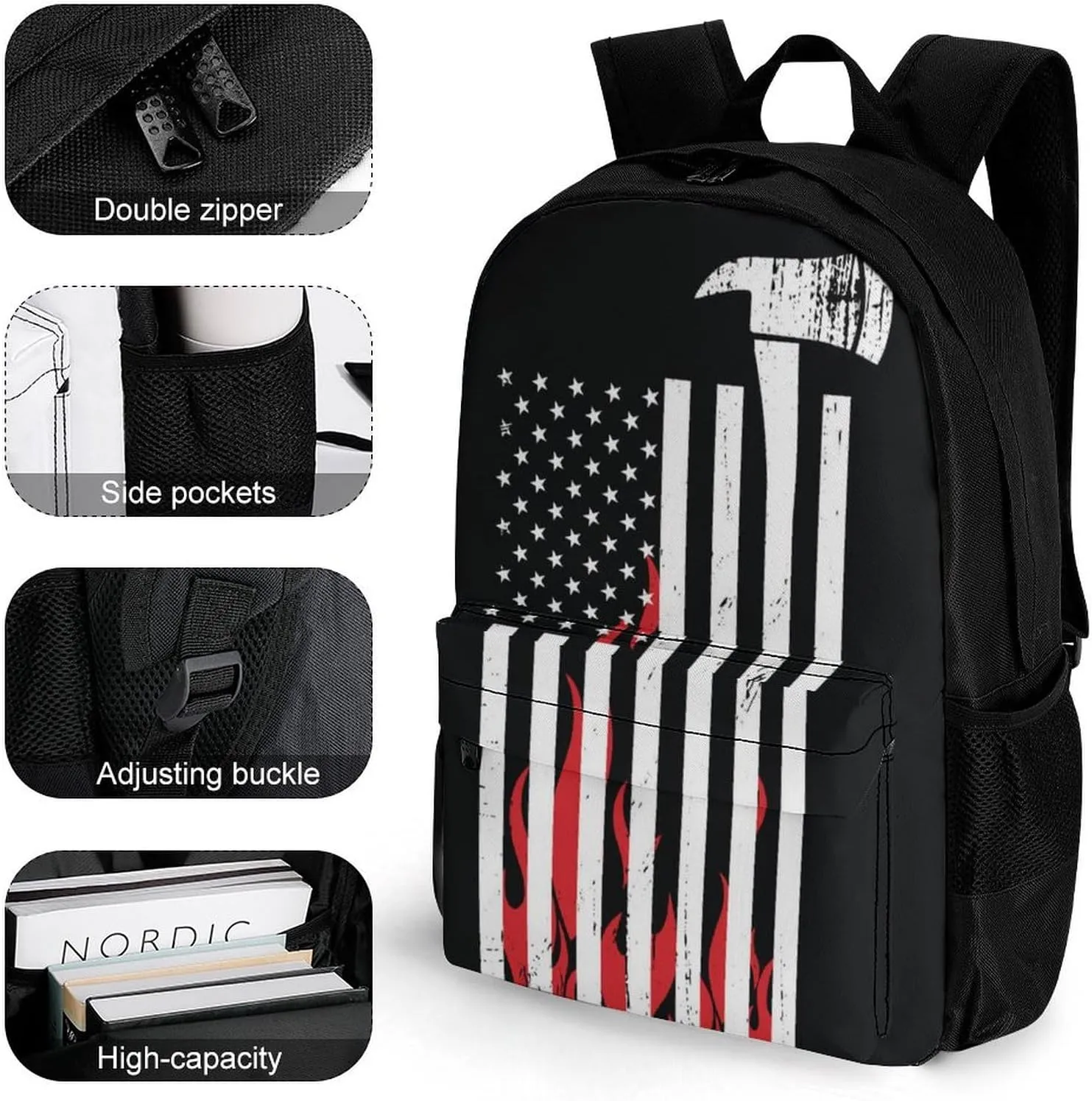 Supdreamc American Thin Red Line Flag Firefighter Black Pattern Daypack Backpack Polyester Multipurpose Anti-Theft Shoulder Bag Big Capacity Gym Outdoor Hiking Backpack With Smooth Zippers