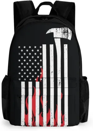 Supdreamc American Thin Red Line Flag Firefighter Black Pattern Daypack Backpack Polyester Multipurpose Anti-Theft Shoulder Bag Big Capacity Gym Outdoor Hiking Backpack With Smooth Zippers
