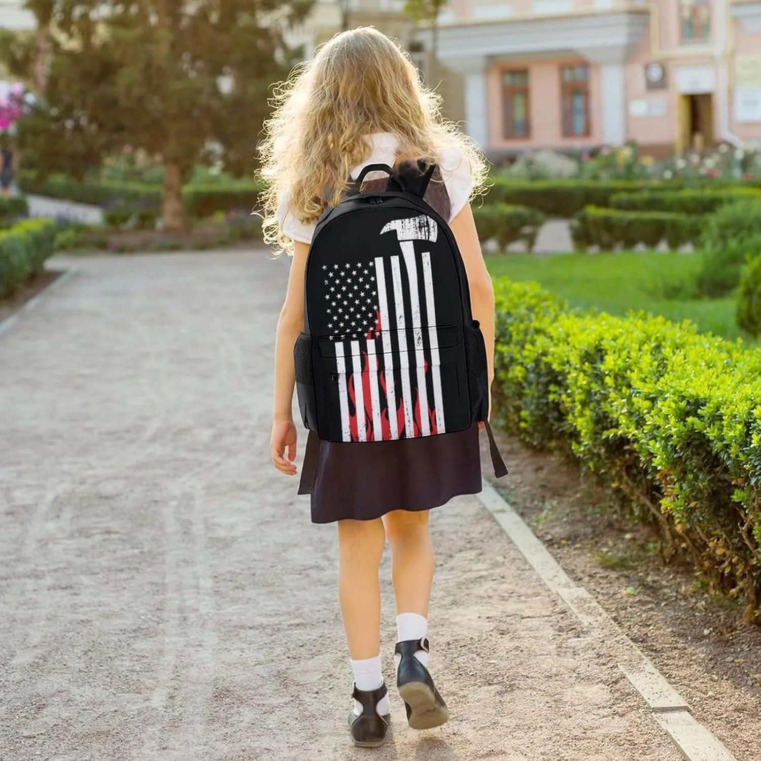 Supdreamc American Thin Red Line Flag Firefighter Black Pattern Daypack Backpack Polyester Multipurpose Anti-Theft Shoulder Bag Big Capacity Gym Outdoor Hiking Backpack With Smooth Zippers