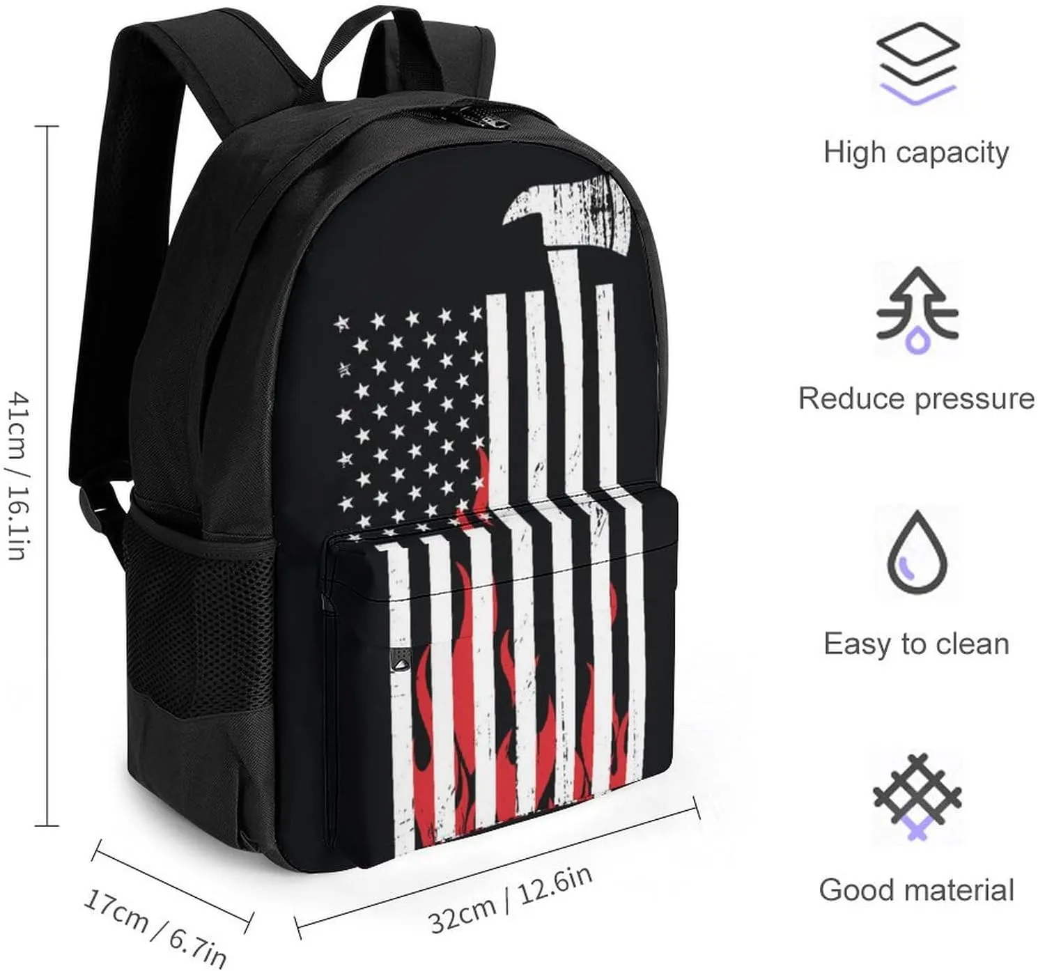 Supdreamc American Thin Red Line Flag Firefighter Black Pattern Daypack Backpack Polyester Multipurpose Anti-Theft Shoulder Bag Big Capacity Gym Outdoor Hiking Backpack With Smooth Zippers