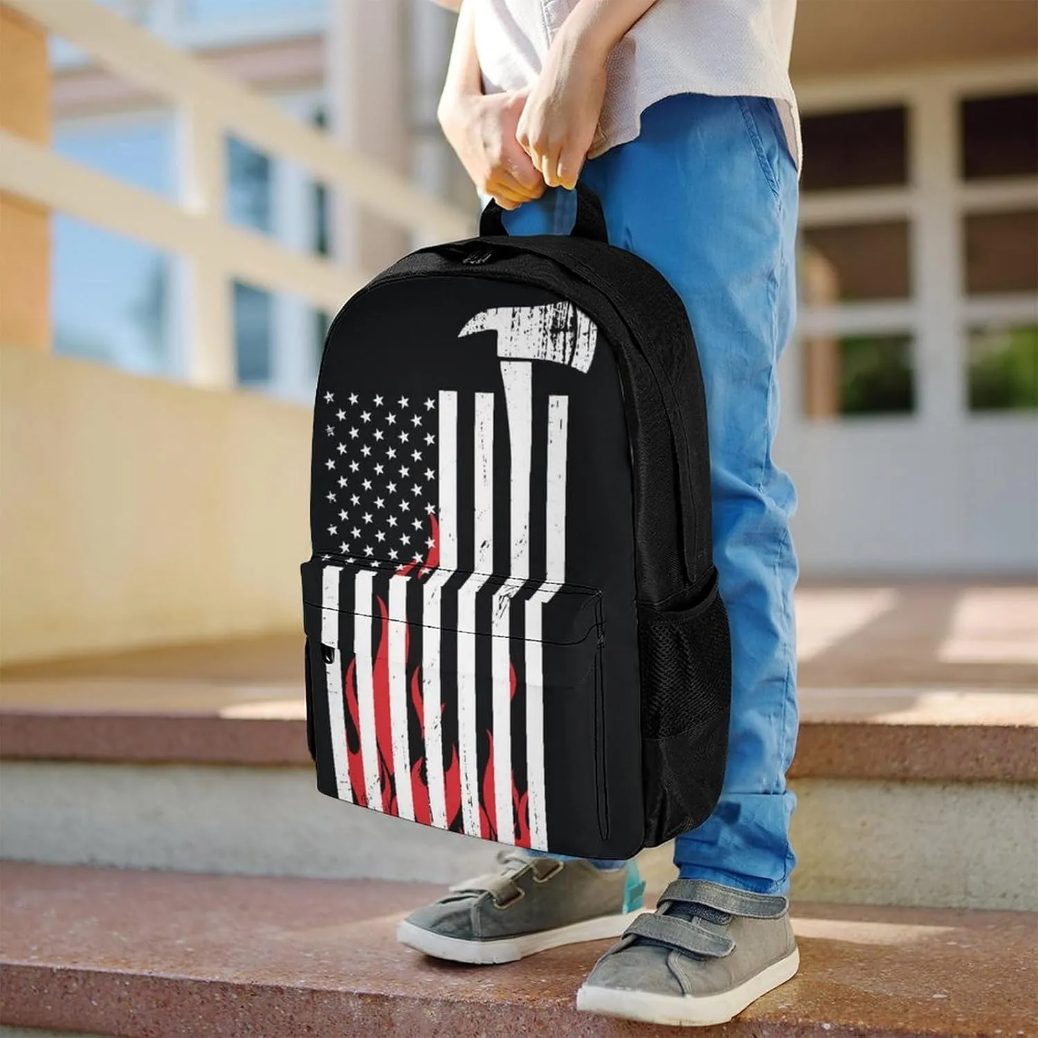 Supdreamc American Thin Red Line Flag Firefighter Black Pattern Daypack Backpack Polyester Multipurpose Anti-Theft Shoulder Bag Big Capacity Gym Outdoor Hiking Backpack With Smooth Zippers