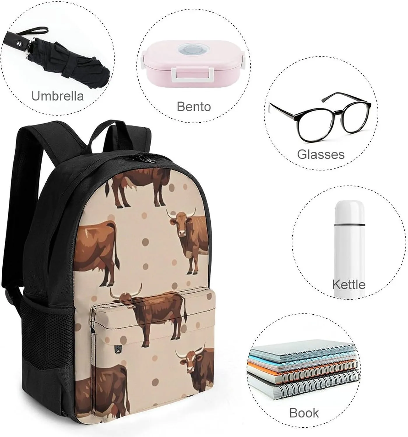 Supdreamc Lightweight Daypack Backpack for Trekking Work Running - Big Capacity Multipurpose Anti-Theft Bookbag, Cute Highland Cattle Art Business Computer Bag