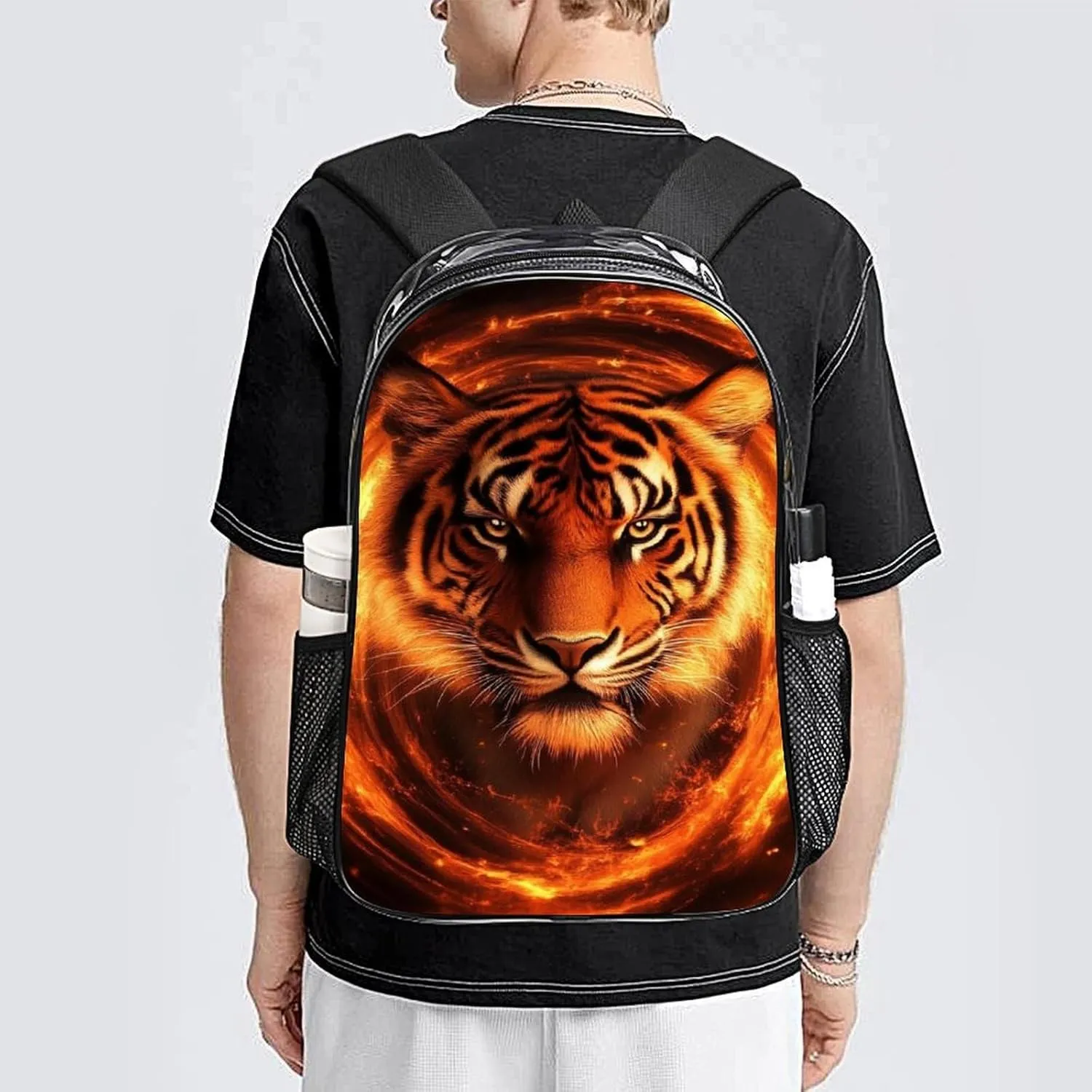 Supdreamc Men & Women Lightweight Wild Angry Animal King Fire Flame Tiger Casual Daypack Large Capacity Bookbag Transparent Bag for Gym Business Bicycle