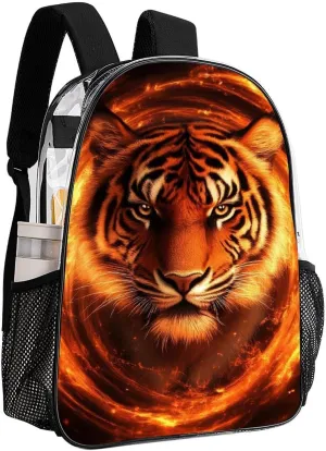 Supdreamc Men & Women Lightweight Wild Angry Animal King Fire Flame Tiger Casual Daypack Large Capacity Bookbag Transparent Bag for Gym Business Bicycle