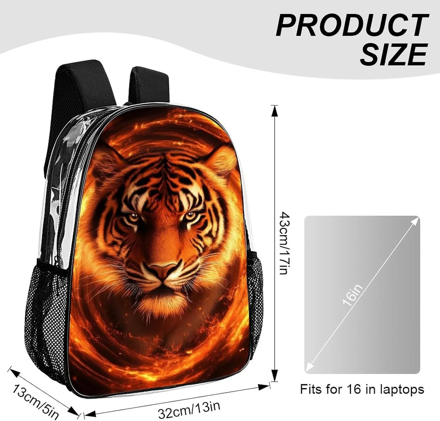 Supdreamc Men & Women Lightweight Wild Angry Animal King Fire Flame Tiger Casual Daypack Large Capacity Bookbag Transparent Bag for Gym Business Bicycle