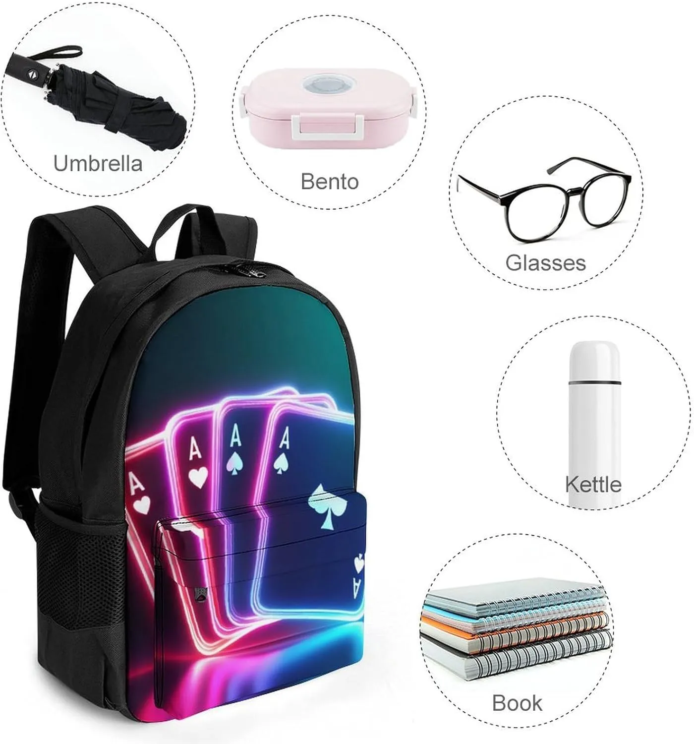 Supdreamc Men Women Lightweight Ace Of Poker Card Style Neon Black Backpack Large Capacity Bookbag With Smooth Zippers for Gym Business Running