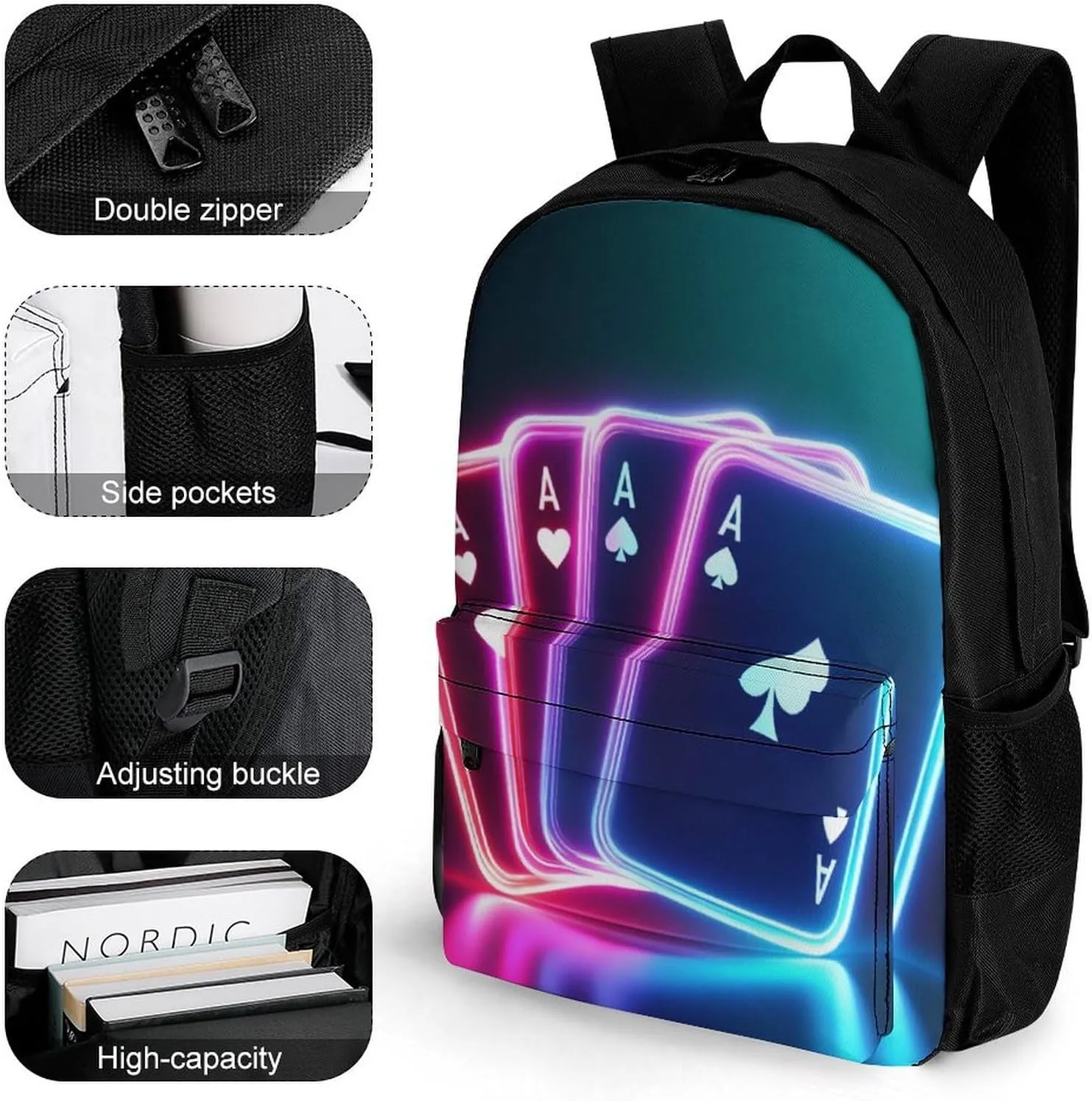 Supdreamc Men Women Lightweight Ace Of Poker Card Style Neon Black Backpack Large Capacity Bookbag With Smooth Zippers for Gym Business Running