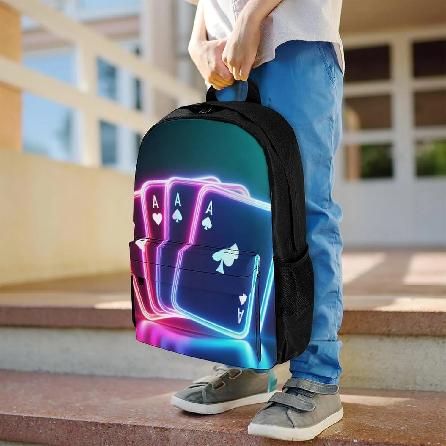 Supdreamc Men Women Lightweight Ace Of Poker Card Style Neon Black Backpack Large Capacity Bookbag With Smooth Zippers for Gym Business Running