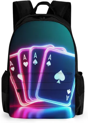 Supdreamc Men Women Lightweight Ace Of Poker Card Style Neon Black Backpack Large Capacity Bookbag With Smooth Zippers for Gym Business Running