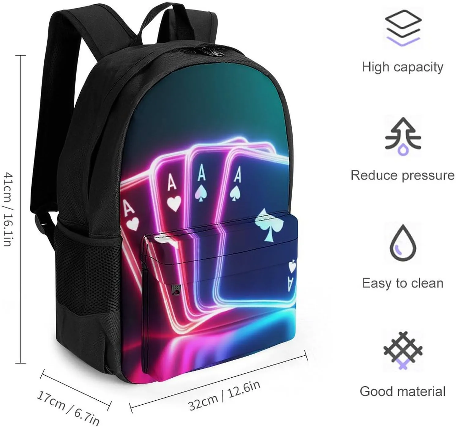 Supdreamc Men Women Lightweight Ace Of Poker Card Style Neon Black Backpack Large Capacity Bookbag With Smooth Zippers for Gym Business Running