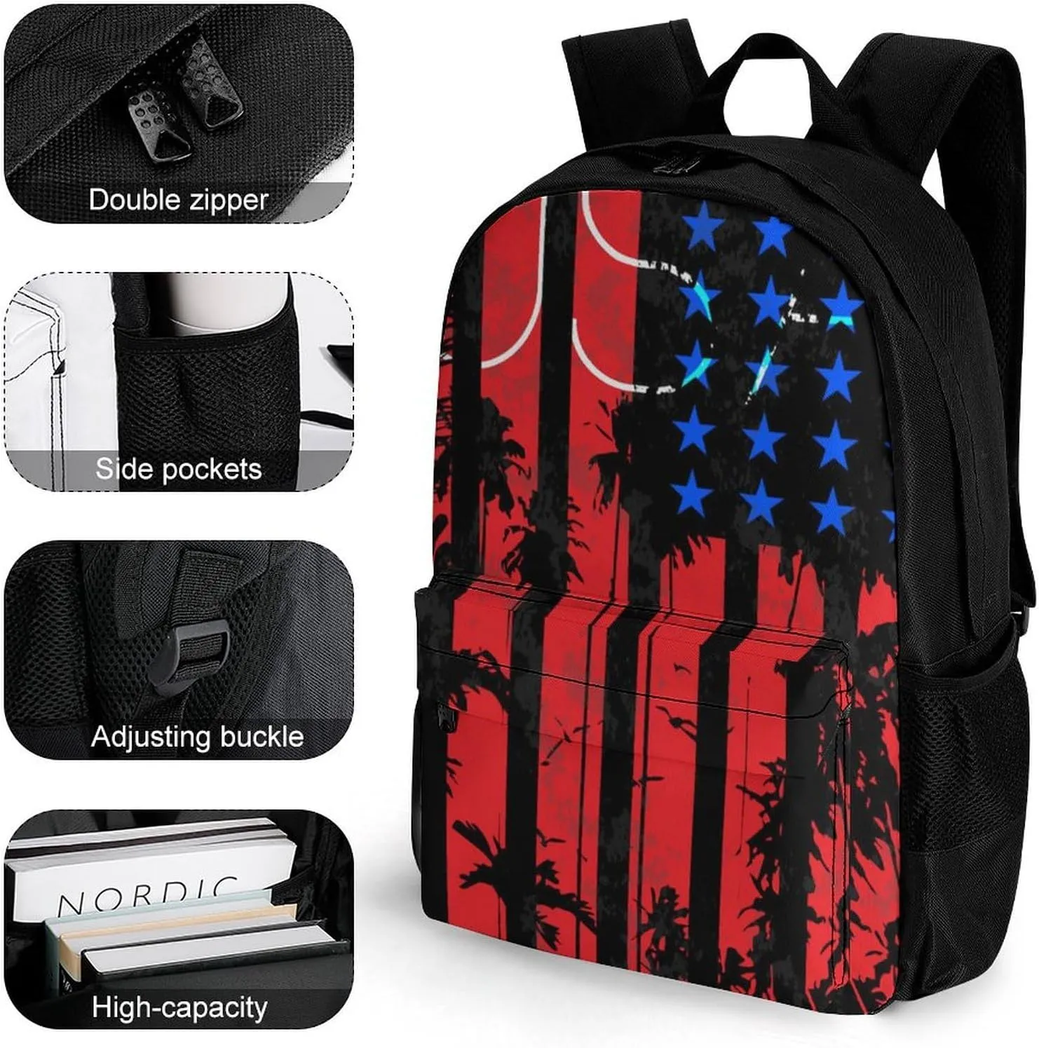 Supdreamc Men Women Lightweight American Thin Red Line Flag Pattern Backpack Large Capacity Bookbag With Smooth Zippers for Gym Business Running