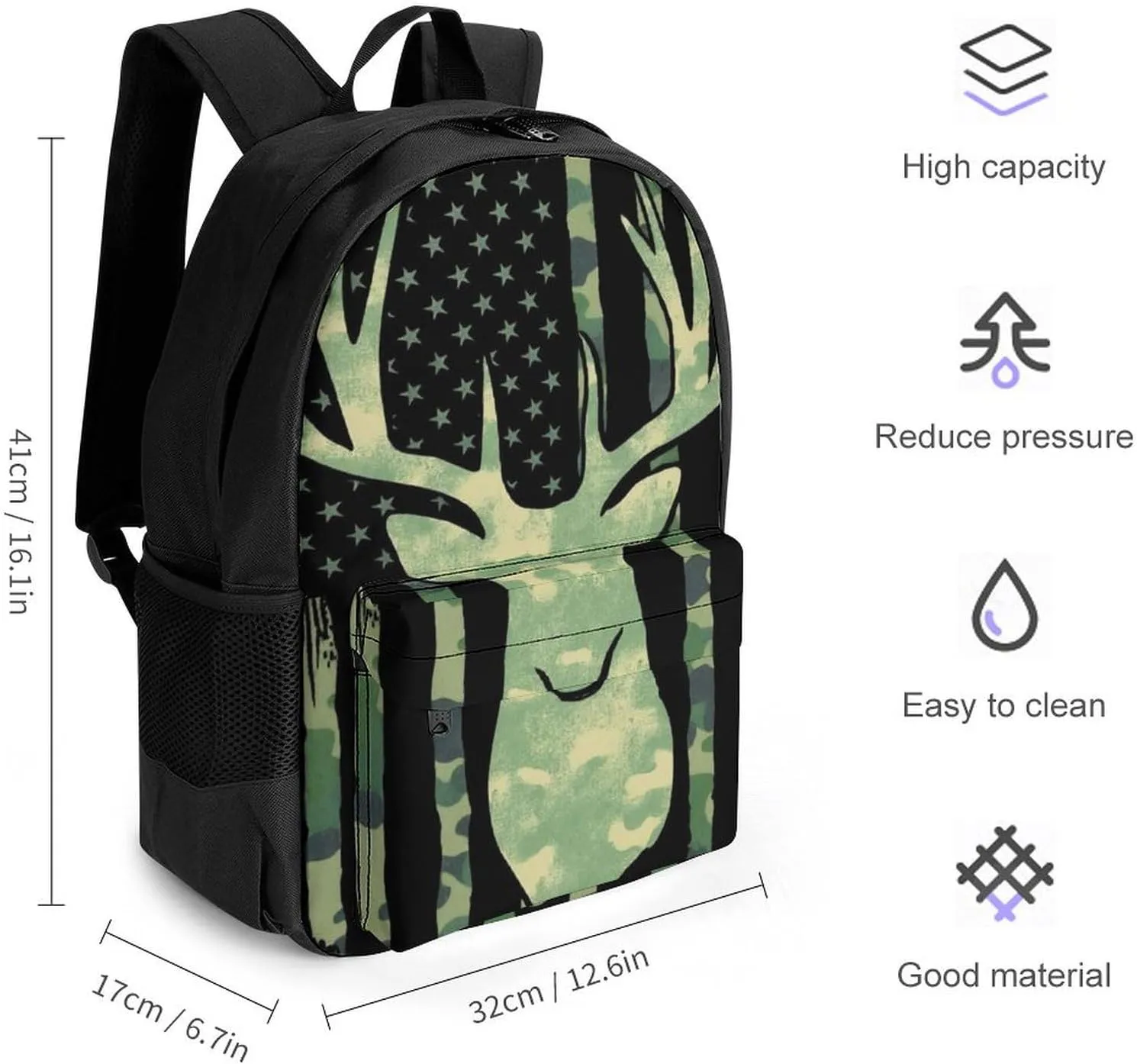 Supdreamc Men Women Lightweight Camouflage American Flag Hunting Deer Camo Backpack Large Capacity Bookbag With Smooth Zippers for Gym Business Running