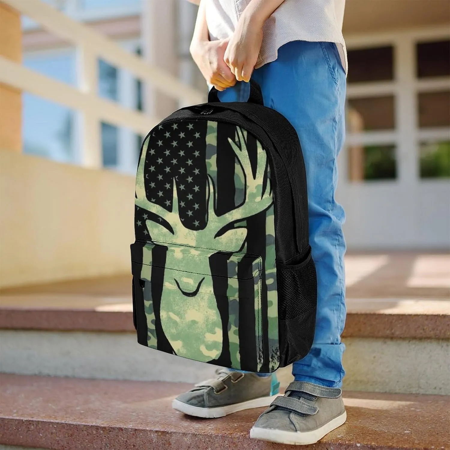 Supdreamc Men Women Lightweight Camouflage American Flag Hunting Deer Camo Backpack Large Capacity Bookbag With Smooth Zippers for Gym Business Running
