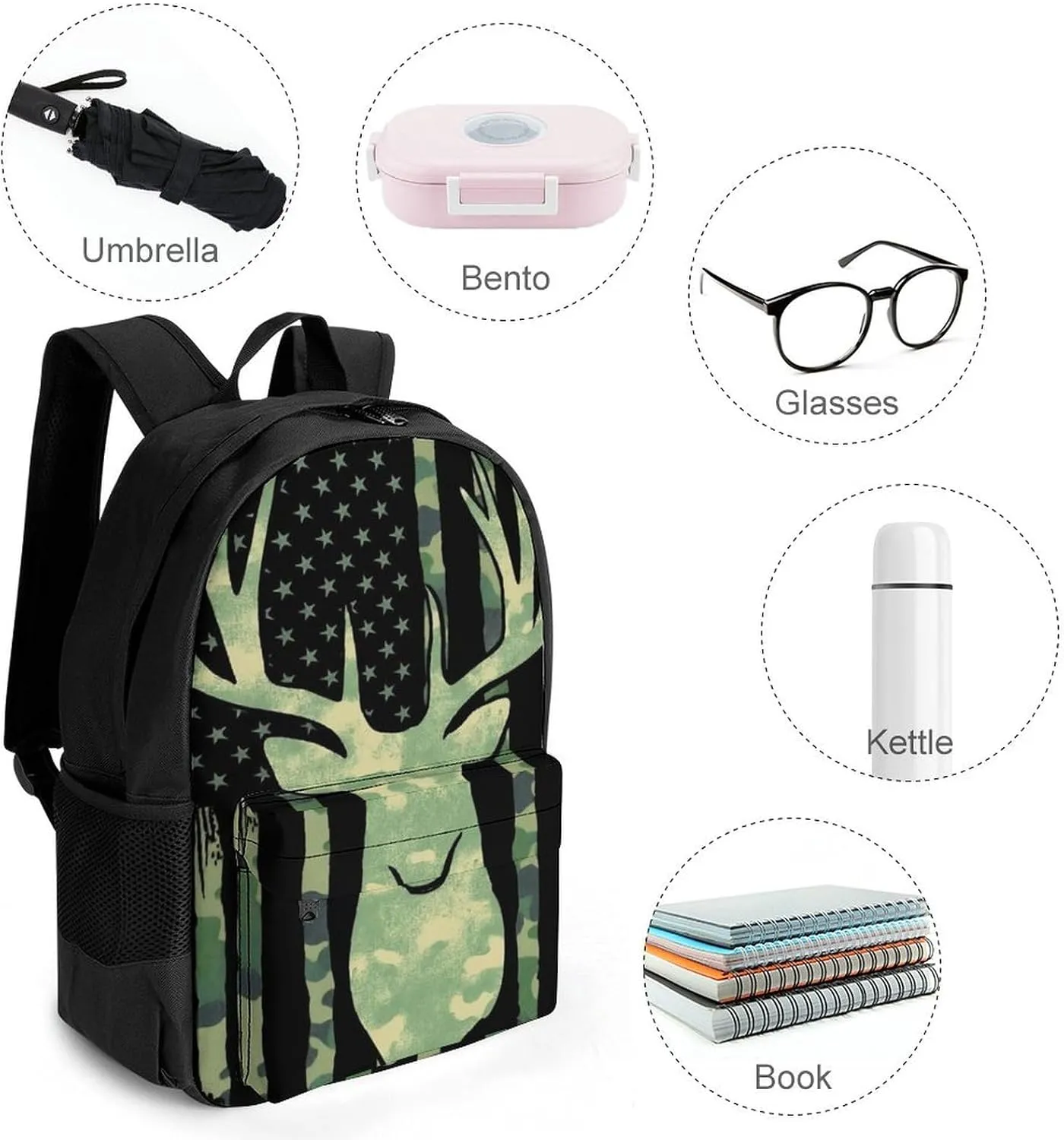 Supdreamc Men Women Lightweight Camouflage American Flag Hunting Deer Camo Backpack Large Capacity Bookbag With Smooth Zippers for Gym Business Running