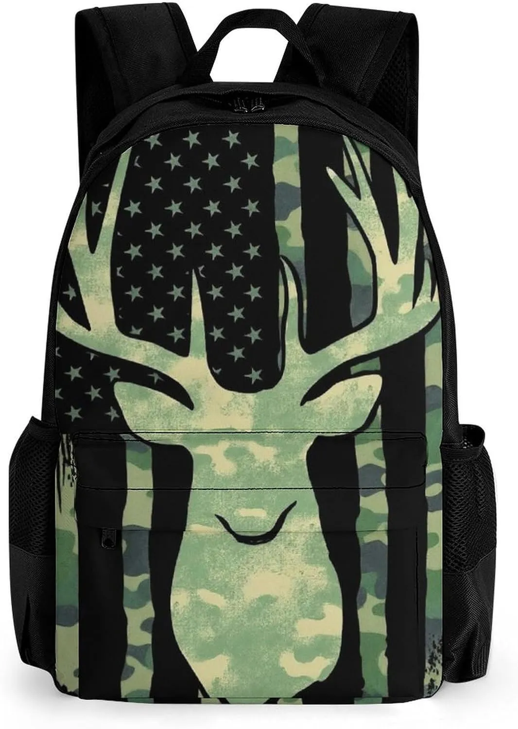 Supdreamc Men Women Lightweight Camouflage American Flag Hunting Deer Camo Backpack Large Capacity Bookbag With Smooth Zippers for Gym Business Running