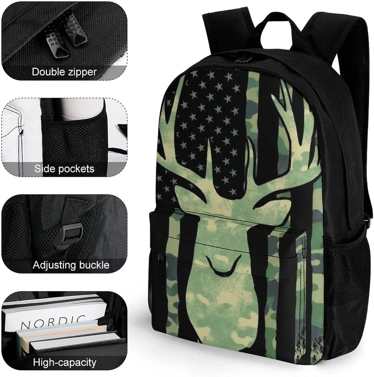 Supdreamc Men Women Lightweight Camouflage American Flag Hunting Deer Camo Backpack Large Capacity Bookbag With Smooth Zippers for Gym Business Running