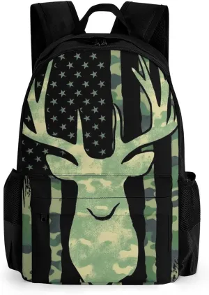 Supdreamc Men Women Lightweight Camouflage American Flag Hunting Deer Camo Backpack Large Capacity Bookbag With Smooth Zippers for Gym Business Running