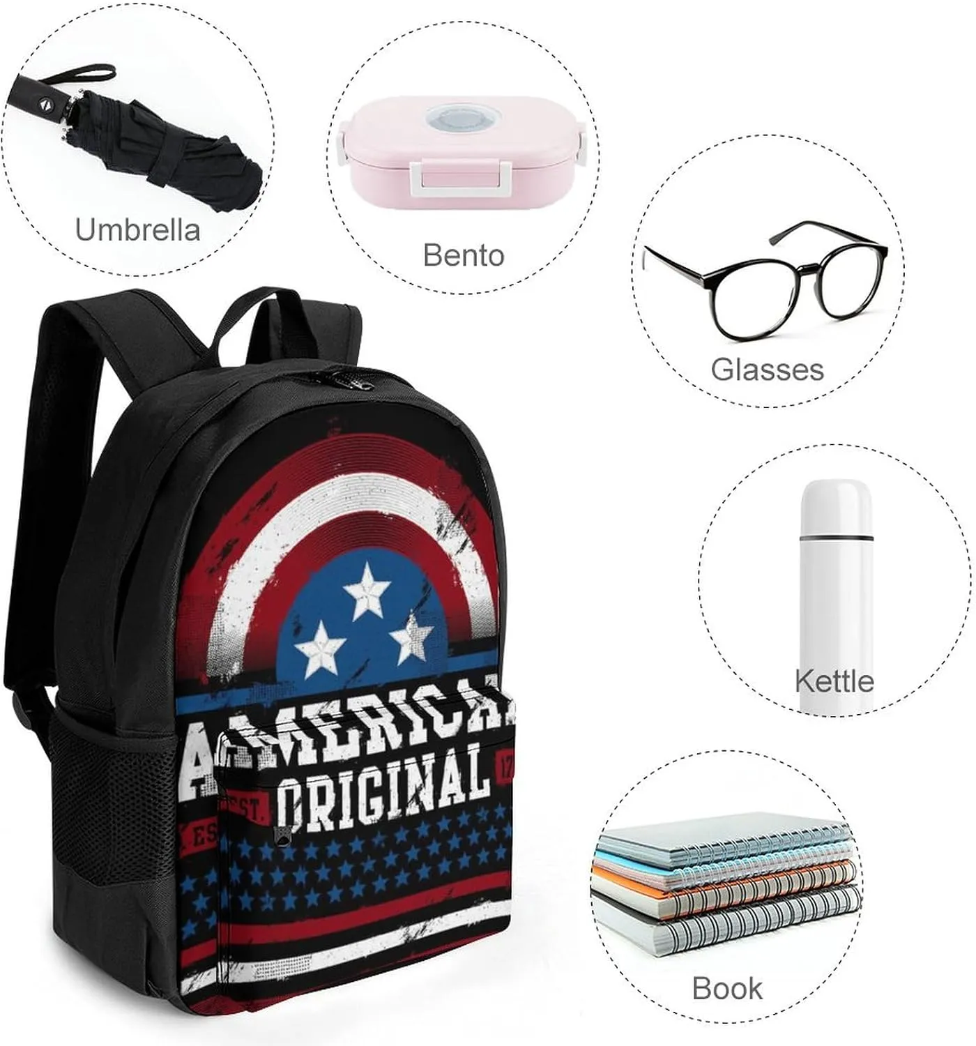 Supdreamc Men Women Polyester American Flag Original Est 1776 Daypack Big Capacity Shoulder Bag With Smooth Zippers for Hiking Work Walking Cycling