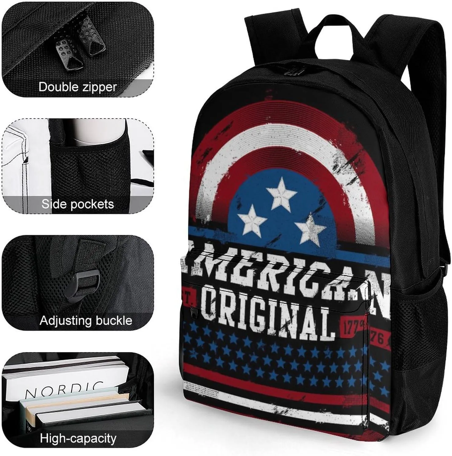 Supdreamc Men Women Polyester American Flag Original Est 1776 Daypack Big Capacity Shoulder Bag With Smooth Zippers for Hiking Work Walking Cycling