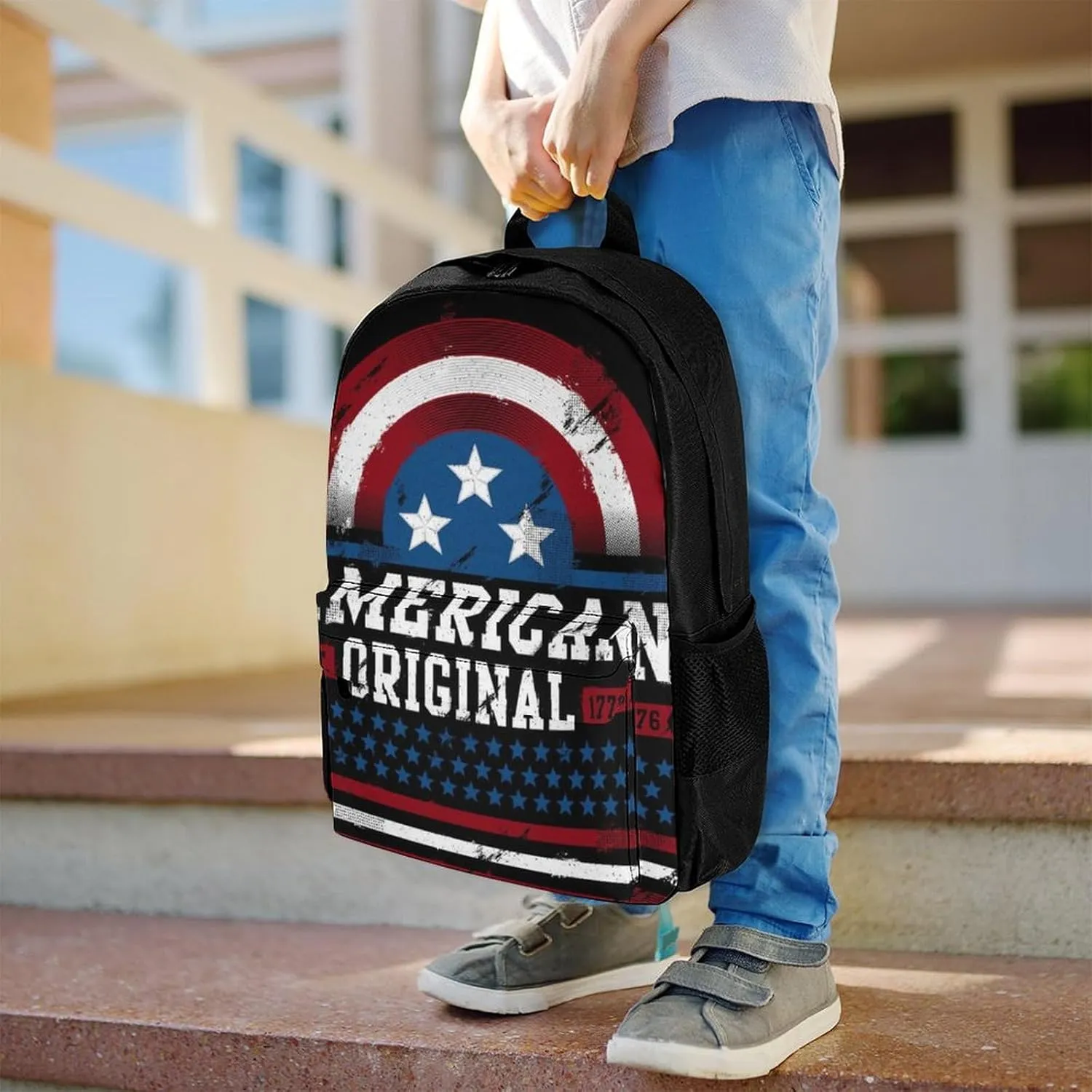 Supdreamc Men Women Polyester American Flag Original Est 1776 Daypack Big Capacity Shoulder Bag With Smooth Zippers for Hiking Work Walking Cycling