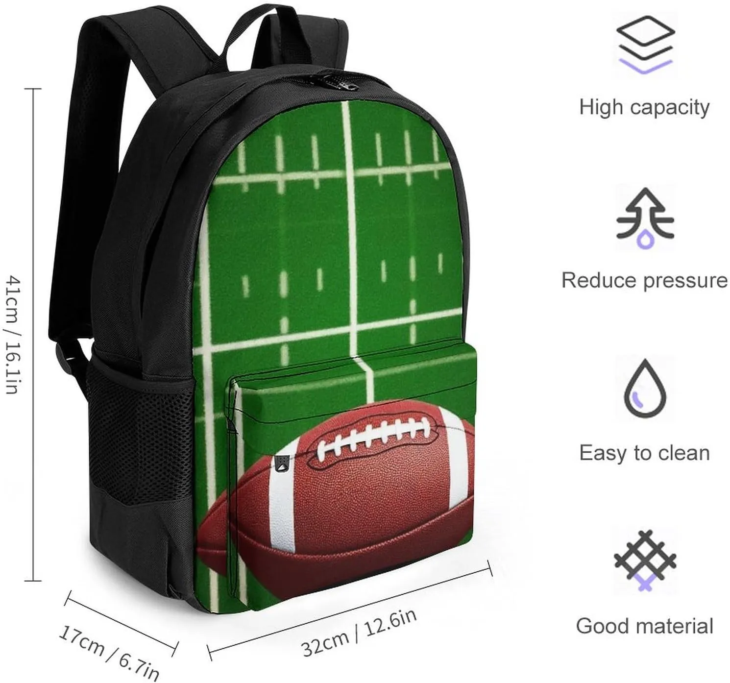 Supdreamc Men Women Polyester American Football Field And Ball Daypack Big Capacity Shoulder Bag With Smooth Zippers for Hiking Work Walking Cycling