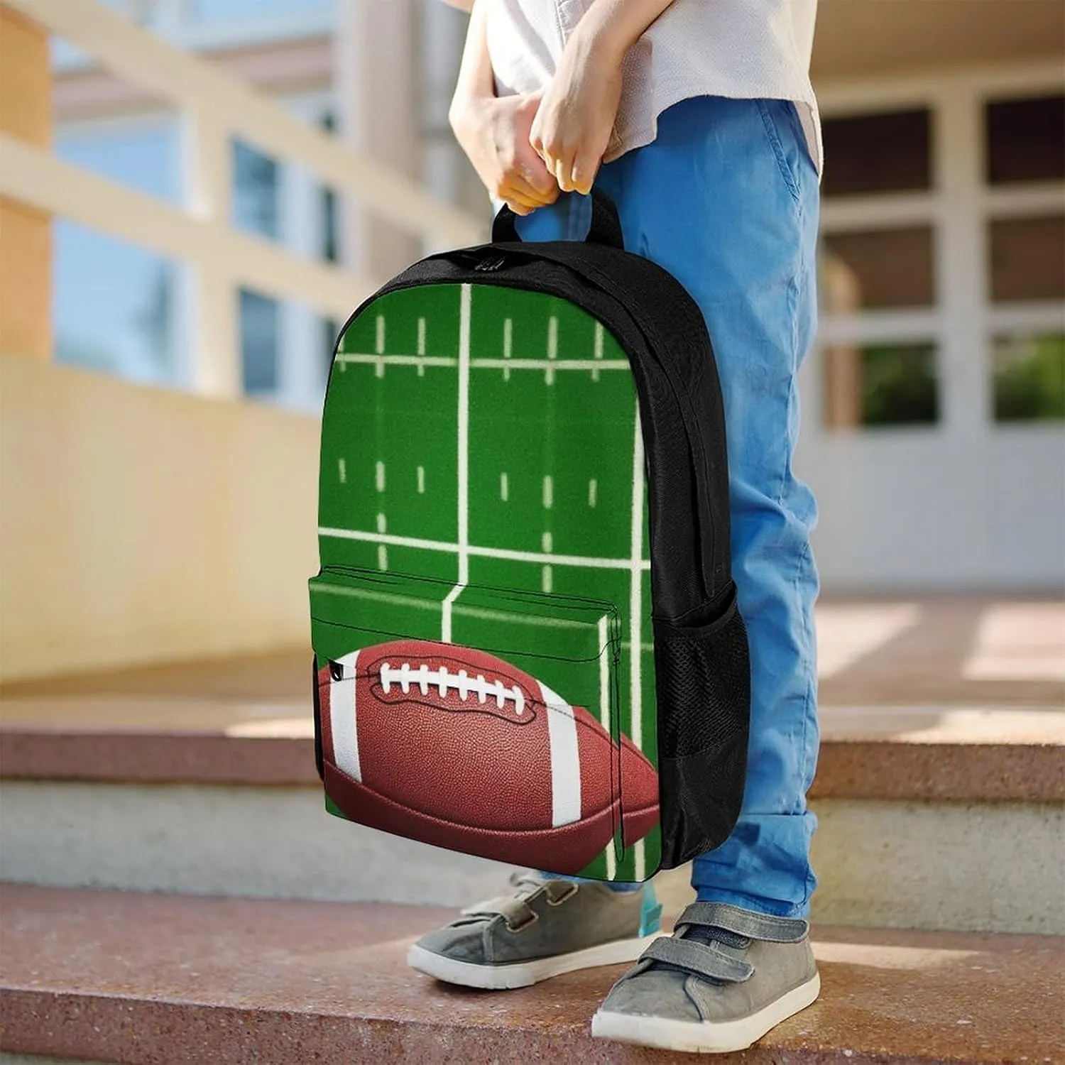 Supdreamc Men Women Polyester American Football Field And Ball Daypack Big Capacity Shoulder Bag With Smooth Zippers for Hiking Work Walking Cycling