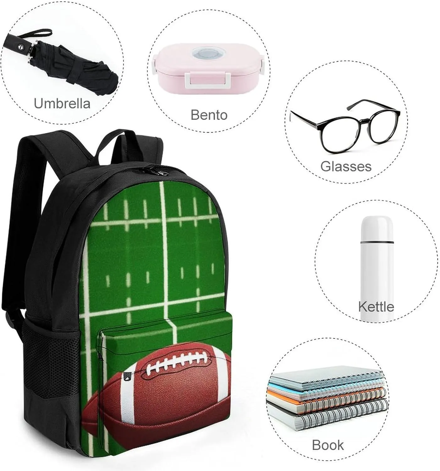 Supdreamc Men Women Polyester American Football Field And Ball Daypack Big Capacity Shoulder Bag With Smooth Zippers for Hiking Work Walking Cycling