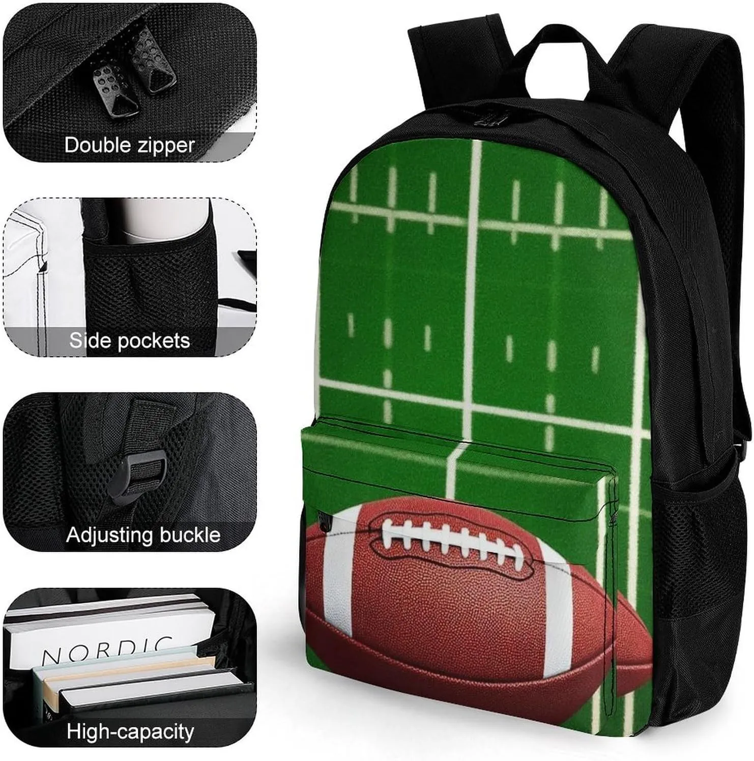Supdreamc Men Women Polyester American Football Field And Ball Daypack Big Capacity Shoulder Bag With Smooth Zippers for Hiking Work Walking Cycling