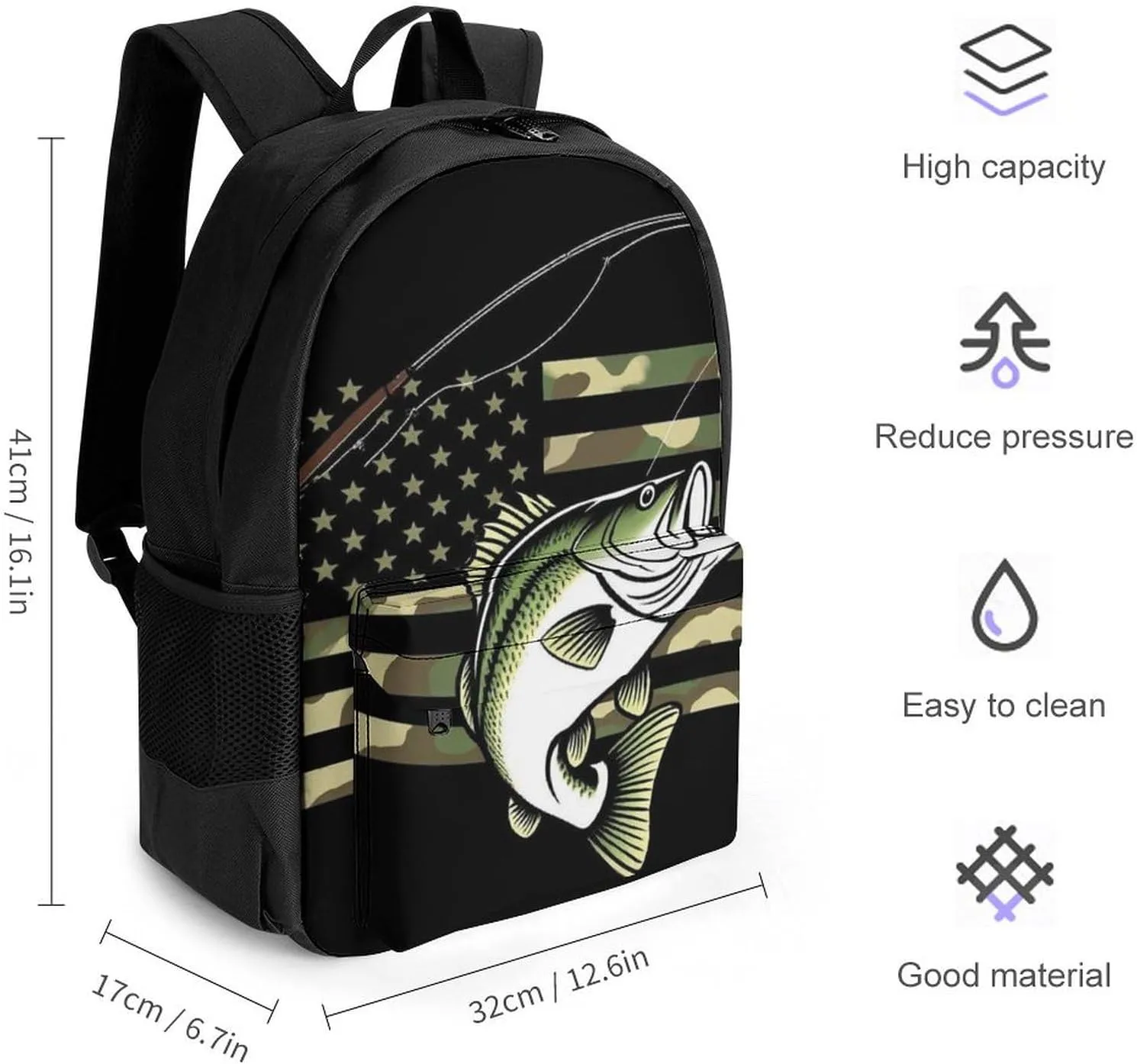 Supdreamc Men Women Polyester Bass Fishing Camo Camouflage American Flag Hunting Black Daypack Big Capacity Shoulder Bag With Adjustable Shoulder Straps for Camping Travel Walking Cycling