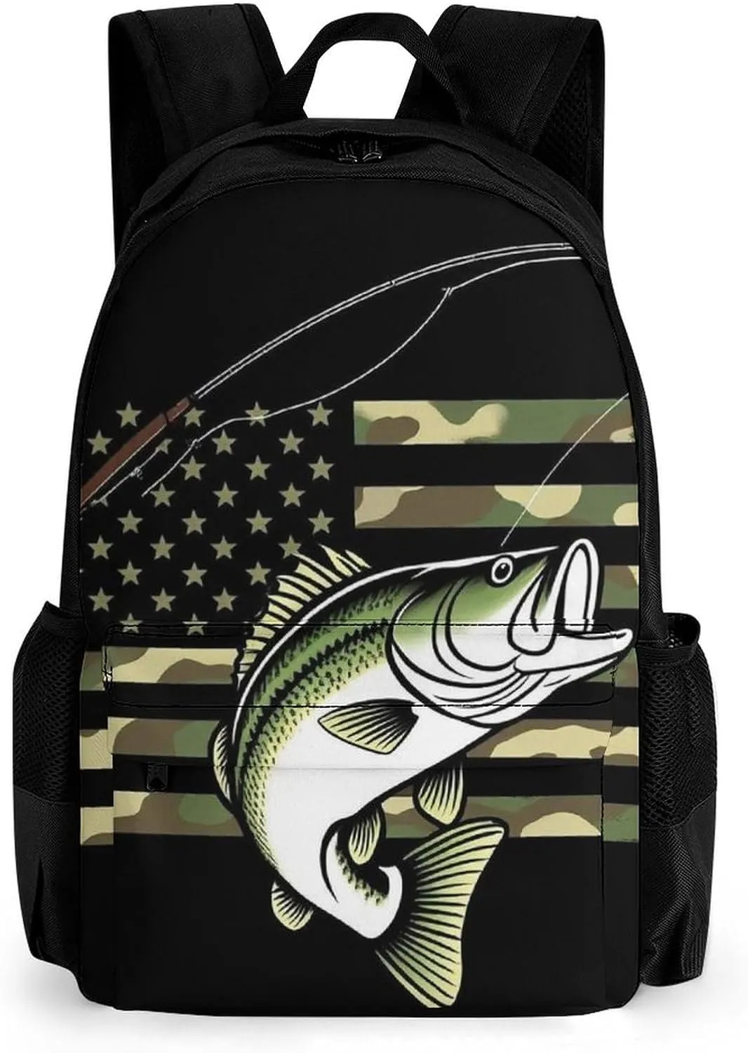 Supdreamc Men Women Polyester Bass Fishing Camo Camouflage American Flag Hunting Black Daypack Big Capacity Shoulder Bag With Adjustable Shoulder Straps for Camping Travel Walking Cycling