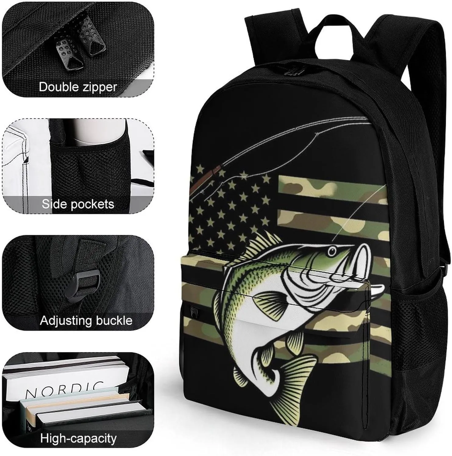 Supdreamc Men Women Polyester Bass Fishing Camo Camouflage American Flag Hunting Black Daypack Big Capacity Shoulder Bag With Adjustable Shoulder Straps for Camping Travel Walking Cycling