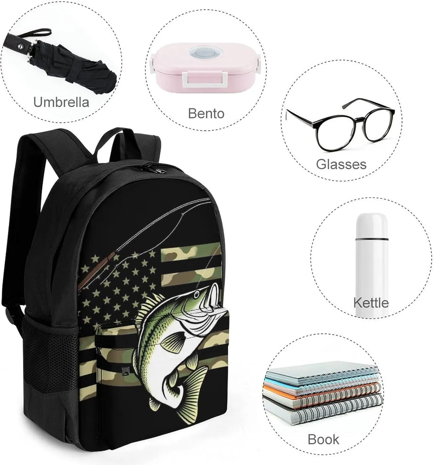 Supdreamc Men Women Polyester Bass Fishing Camo Camouflage American Flag Hunting Black Daypack Big Capacity Shoulder Bag With Adjustable Shoulder Straps for Camping Travel Walking Cycling