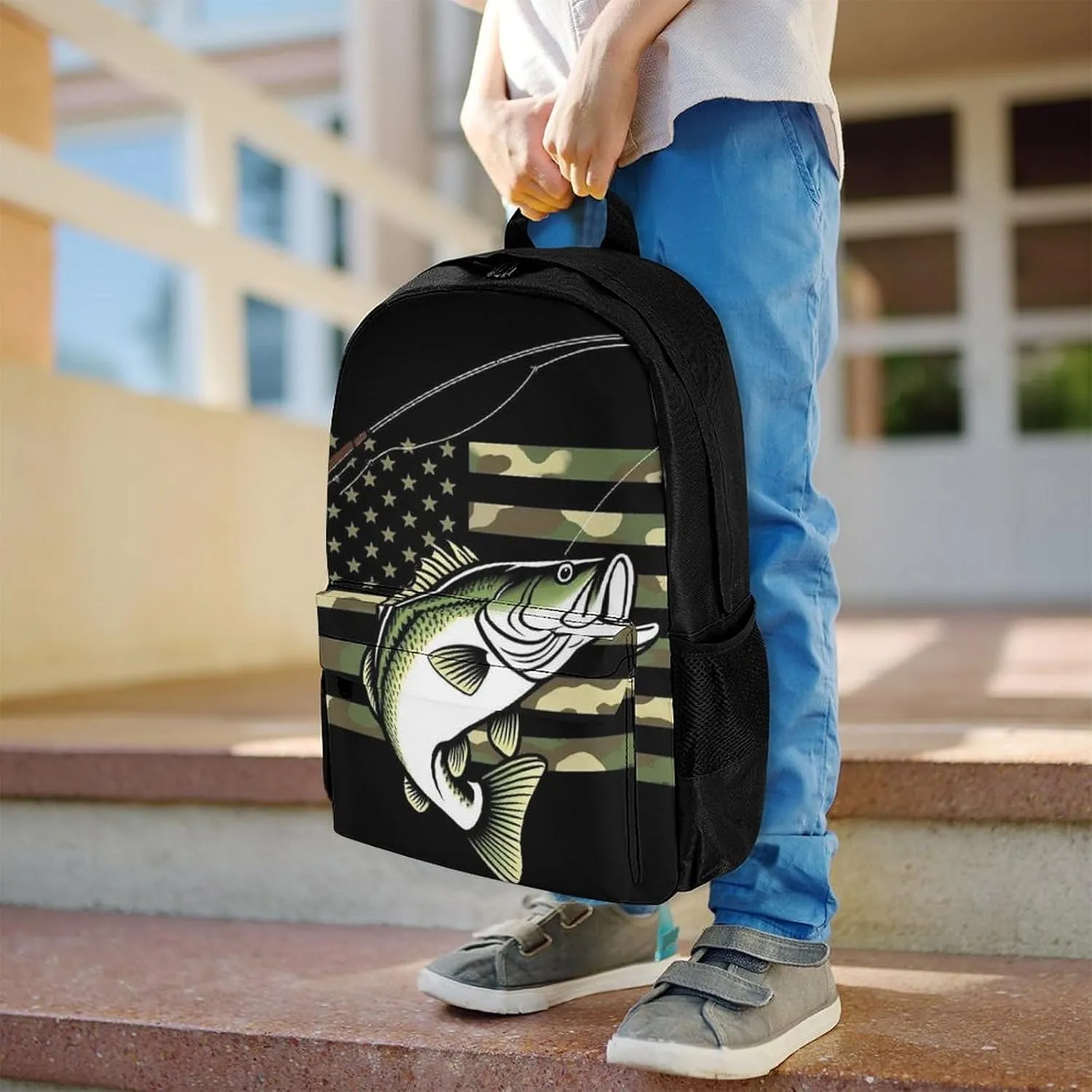 Supdreamc Men Women Polyester Bass Fishing Camo Camouflage American Flag Hunting Black Daypack Big Capacity Shoulder Bag With Adjustable Shoulder Straps for Camping Travel Walking Cycling
