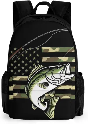 Supdreamc Men Women Polyester Bass Fishing Camo Camouflage American Flag Hunting Black Daypack Big Capacity Shoulder Bag With Adjustable Shoulder Straps for Camping Travel Walking Cycling