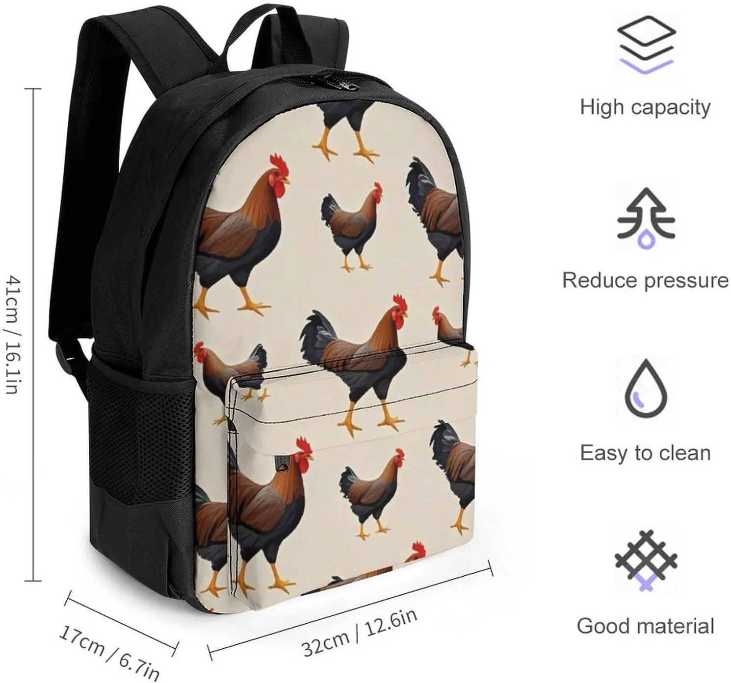 Supdreamc Men Women Polyester Chicken Rooster Art Daypack Big Capacity Shoulder Bag With Adjustable Shoulder Straps for Camping Travel Walking Cycling